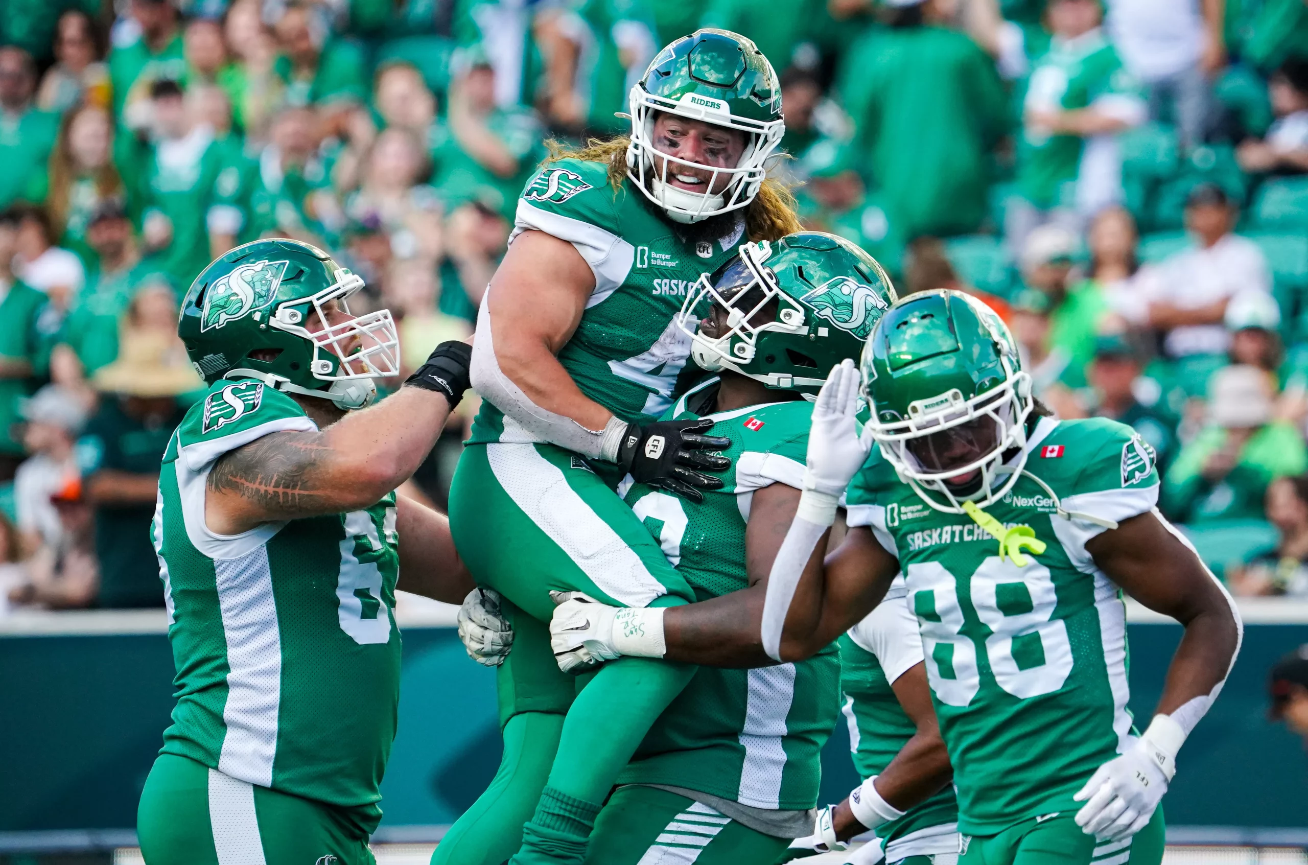 The Saskatchewan Roughriders (7-1) are alone atop the CFL standings. Photo by Heywood Yu/CP.