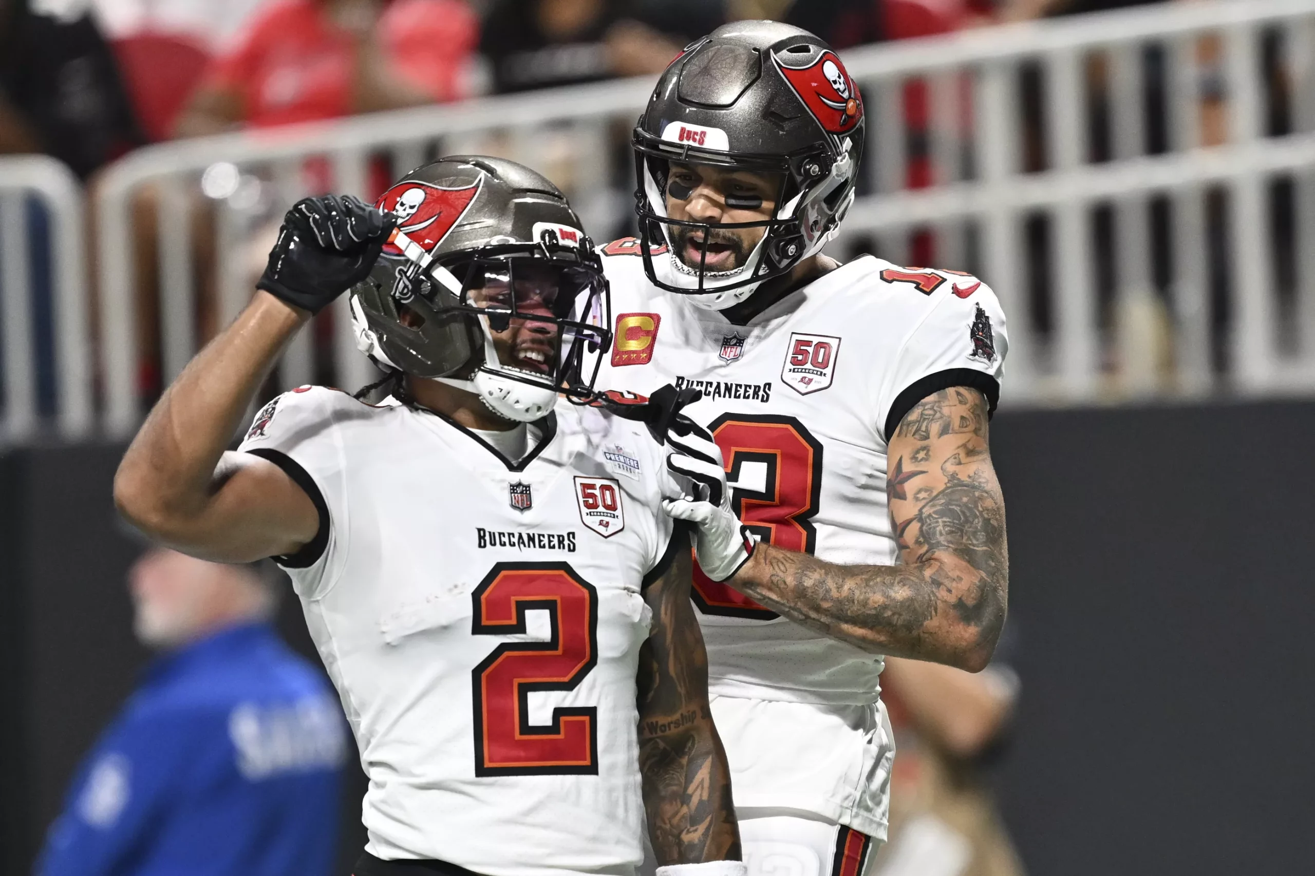 Emeka Egbuka caught four of six targets for 67 yards and two touchdowns in his NFL debut. Photo by Danny Karnik/AP.