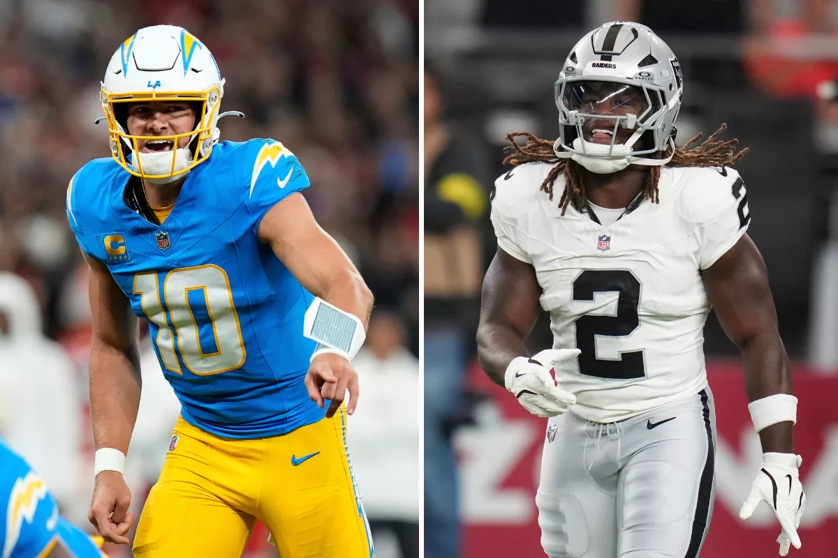 Justin Herbert threw for 346 yards and two TDs when he played in Las Vegas last season. Photos by AP.