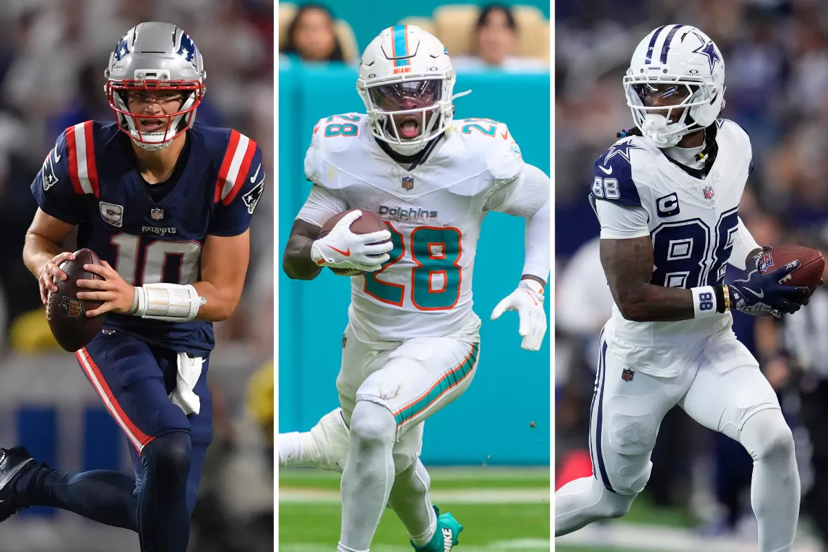 Drake Maye has 2+ passing TDs in five of his past six games. Photos by AP.